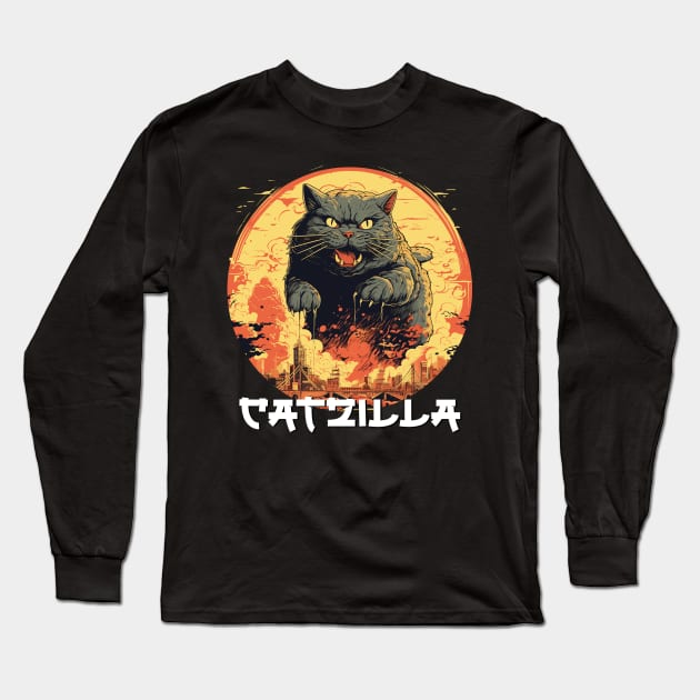 Funny Cat Art Japanese Sunset Catzilla Long Sleeve T-Shirt by Happy Lime